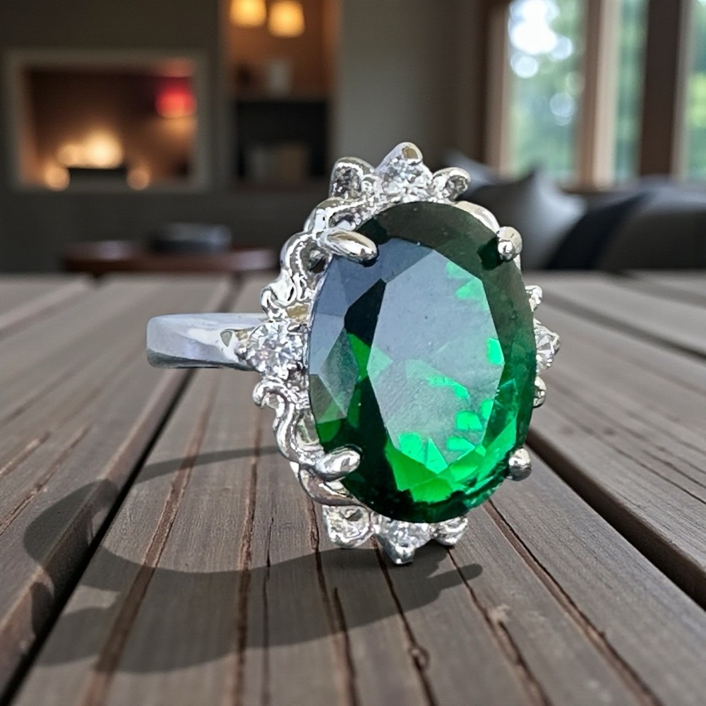 Rhodium-Plated Silver Faux Emerald Ring 16mm x 10mm